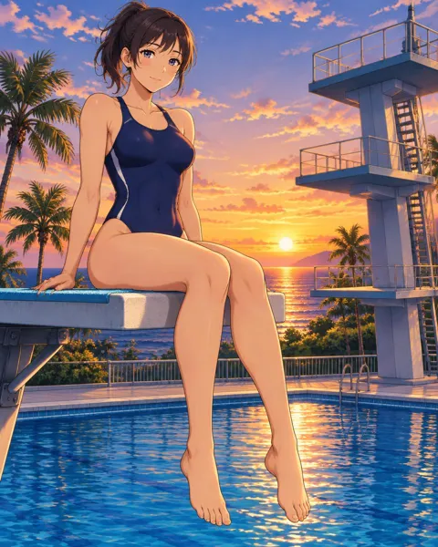 Elquinne, an adult anime companion sitting on the edge of a diving board at sunset