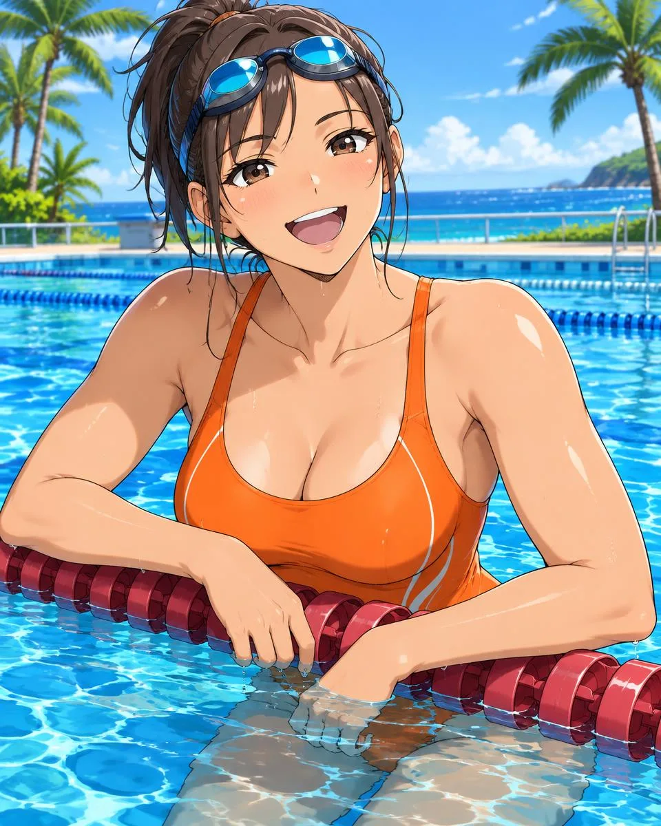 Kaylith, an adult anime companion leaning on a lane rope with goggles on her forehead