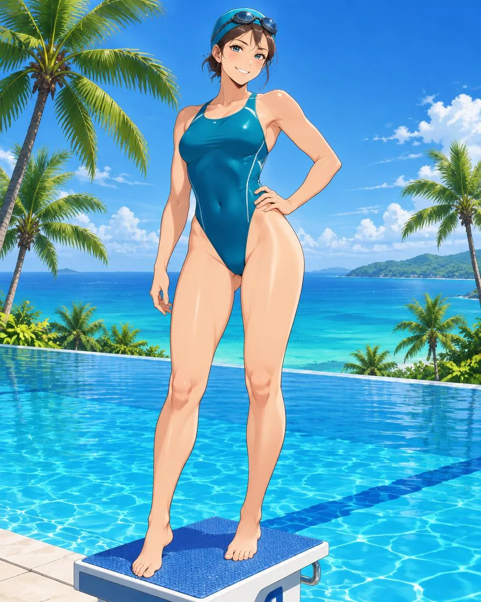 Marivelle, an adult anime companion standing on a starting block of an infinity pool by the sea