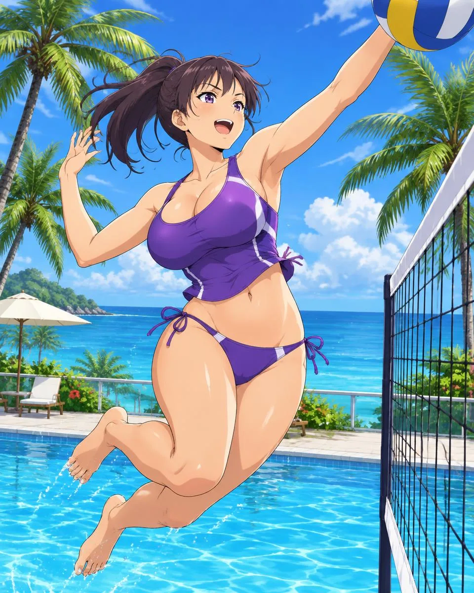 Ovenna, an adult anime companion jumping for a spike at the poolside volleyball net