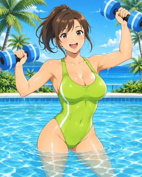 Sabrielle, an adult anime companion lifting foam dumbbells during an aqua aerobics class