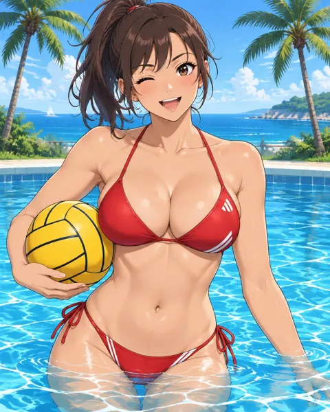Torvessa, an adult anime companion waist-deep in the pool holding a water polo ball